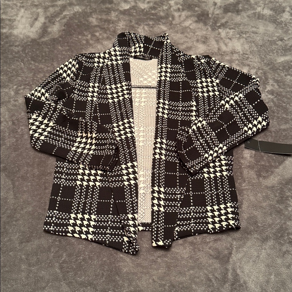 NTW Shinestar Plaid Blazer, Black, White, 3/4 Sleeves, Open Front, Size S